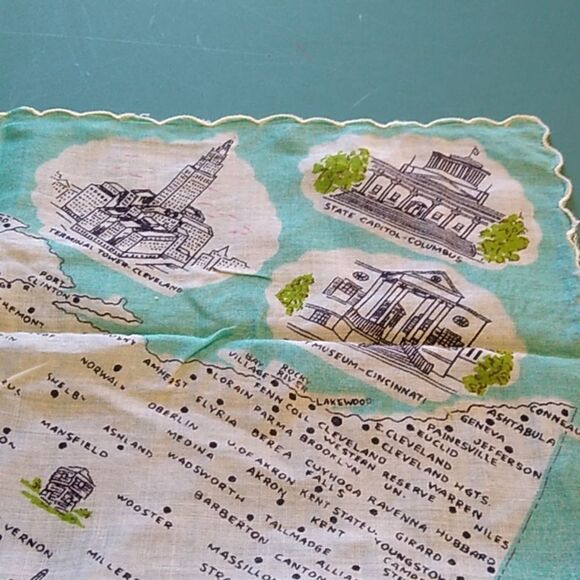 Vintage Ohio Map Handkerchief Floral scalloped Edges Travel Towns Building's - Picture 2 of 8